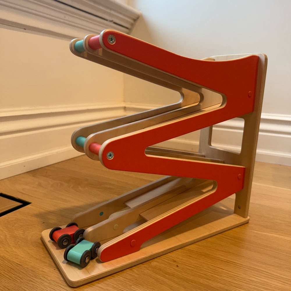 Lovevery Wooden Car Ramp Racer Toy - Red and Natural